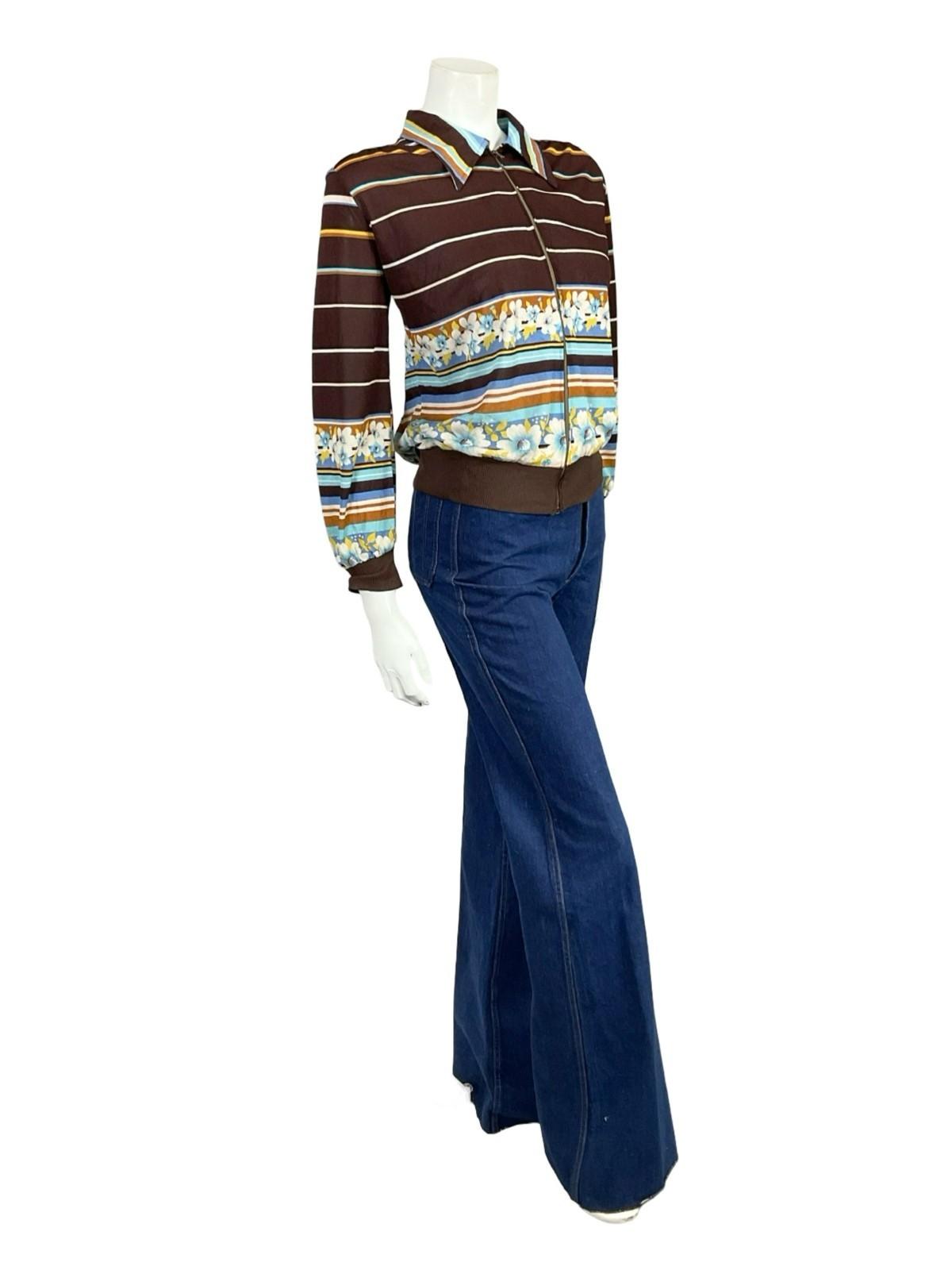 VTG 60S 70S BROWN WHITE BLUE YELLOW DAGGER FLORAL STRIPE ZIP UP SHIRT 16