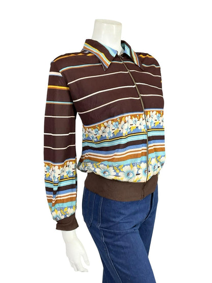 VTG 60S 70S BROWN WHITE BLUE YELLOW DAGGER FLORAL STRIPE ZIP UP SHIRT 16