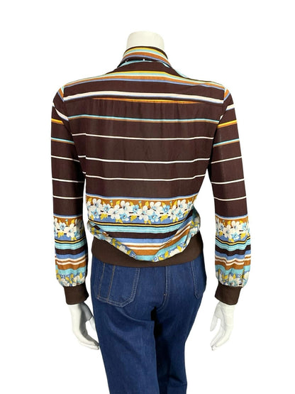 VTG 60S 70S BROWN WHITE BLUE YELLOW DAGGER FLORAL STRIPE ZIP UP SHIRT 16