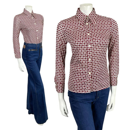 VTG 60S 70S BURGUNDY RED GEOMETRIC DAGGER COLLAR MOD CROP SLEEVE SHIRT 10