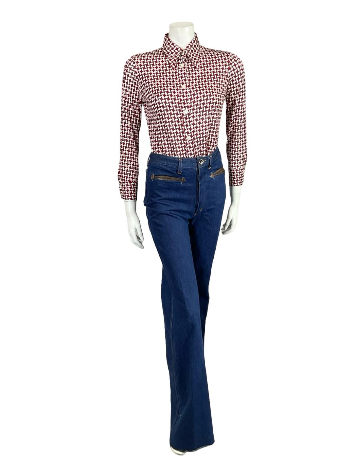 VTG 60S 70S BURGUNDY RED GEOMETRIC DAGGER COLLAR MOD CROP SLEEVE SHIRT 10