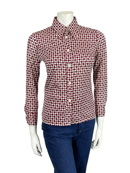 VTG 60S 70S BURGUNDY RED GEOMETRIC DAGGER COLLAR MOD CROP SLEEVE SHIRT 10