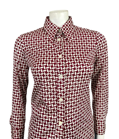 VTG 60S 70S BURGUNDY RED GEOMETRIC DAGGER COLLAR MOD CROP SLEEVE SHIRT 10