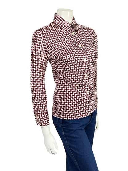VTG 60S 70S BURGUNDY RED GEOMETRIC DAGGER COLLAR MOD CROP SLEEVE SHIRT 10