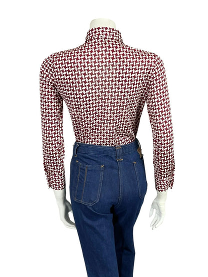 VTG 60S 70S BURGUNDY RED GEOMETRIC DAGGER COLLAR MOD CROP SLEEVE SHIRT 10
