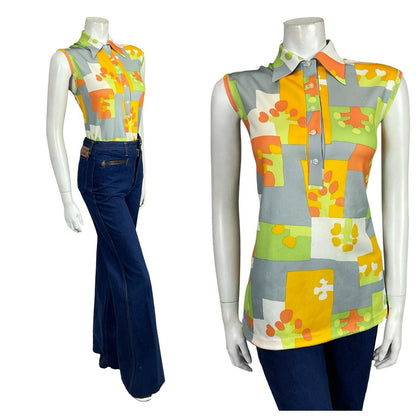 VTG 60S 70S GREY ORANGE YELLOW GREEN WHITE GEOMETRIC DAGGER MOD SHIRT 14
