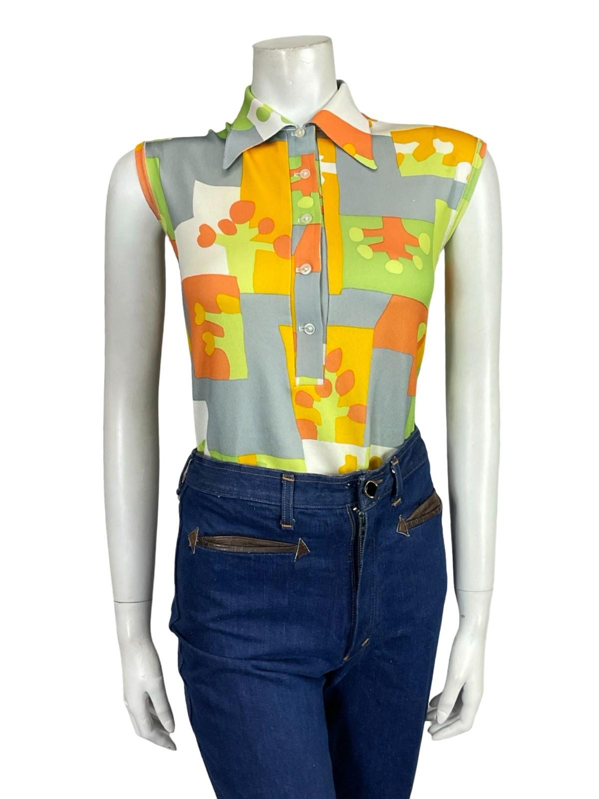 VTG 60S 70S GREY ORANGE YELLOW GREEN WHITE GEOMETRIC DAGGER MOD SHIRT 14