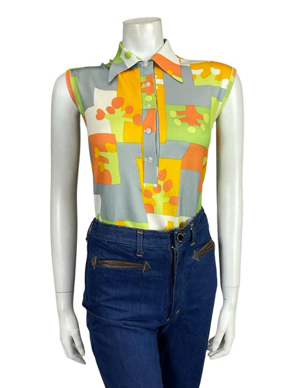 VTG 60S 70S GREY ORANGE YELLOW GREEN WHITE GEOMETRIC DAGGER MOD SHIRT 14