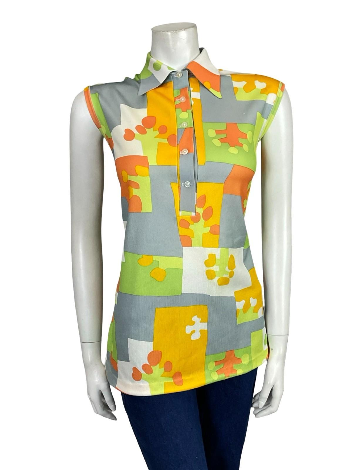 VTG 60S 70S GREY ORANGE YELLOW GREEN WHITE GEOMETRIC DAGGER MOD SHIRT 14