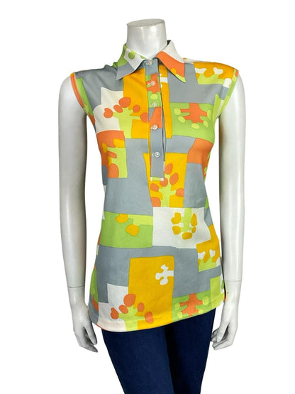 VTG 60S 70S GREY ORANGE YELLOW GREEN WHITE GEOMETRIC DAGGER MOD SHIRT 14