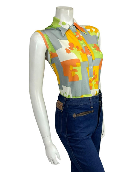 VTG 60S 70S GREY ORANGE YELLOW GREEN WHITE GEOMETRIC DAGGER MOD SHIRT 14