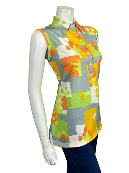 VTG 60S 70S GREY ORANGE YELLOW GREEN WHITE GEOMETRIC DAGGER MOD SHIRT 14