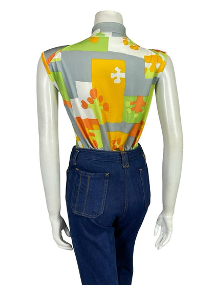 VTG 60S 70S GREY ORANGE YELLOW GREEN WHITE GEOMETRIC DAGGER MOD SHIRT 14