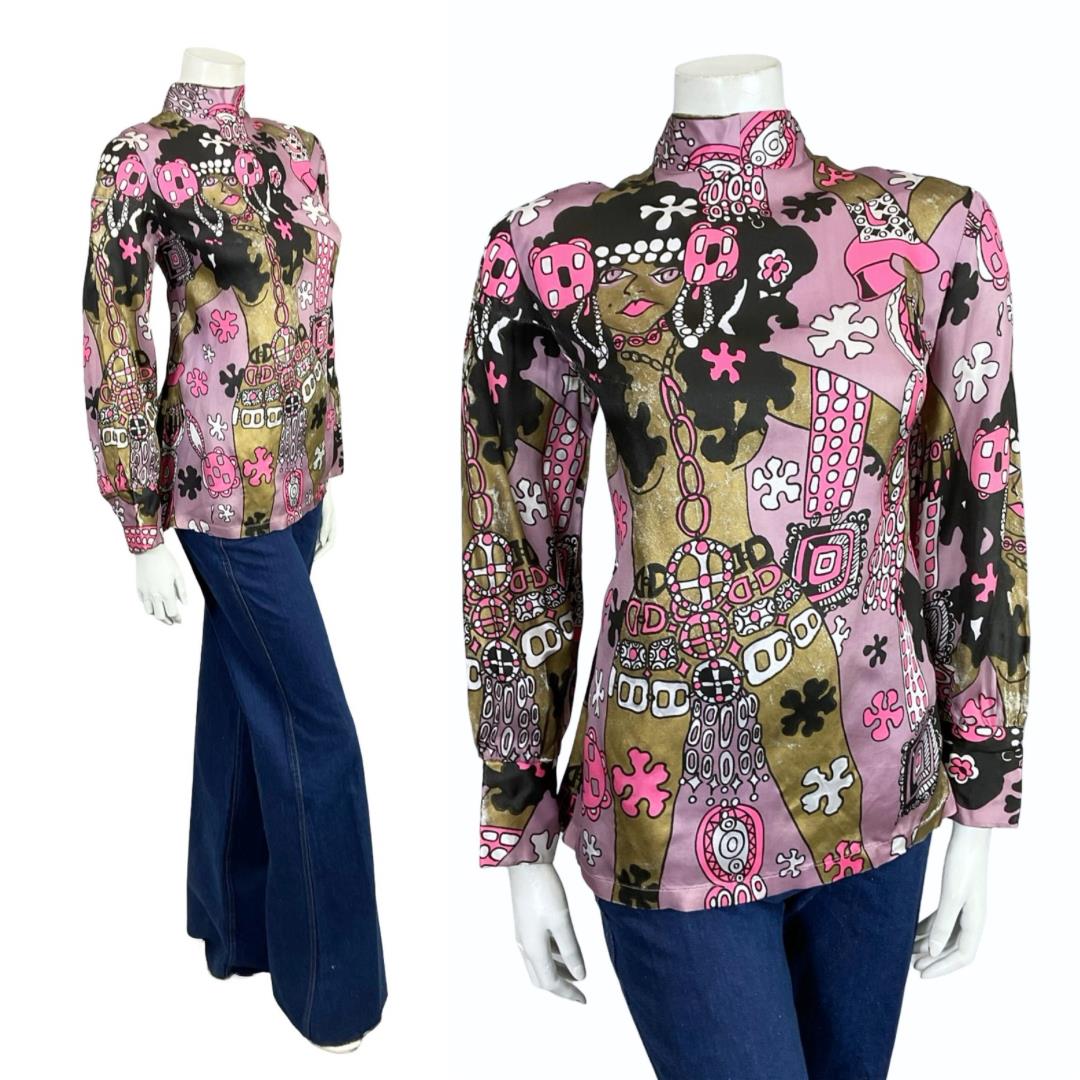 VTG 70S LILAC BROWN PINK BLACK WHITE LADY FLOWER GRAPHIC FUNNEL SHIFT TOP 12