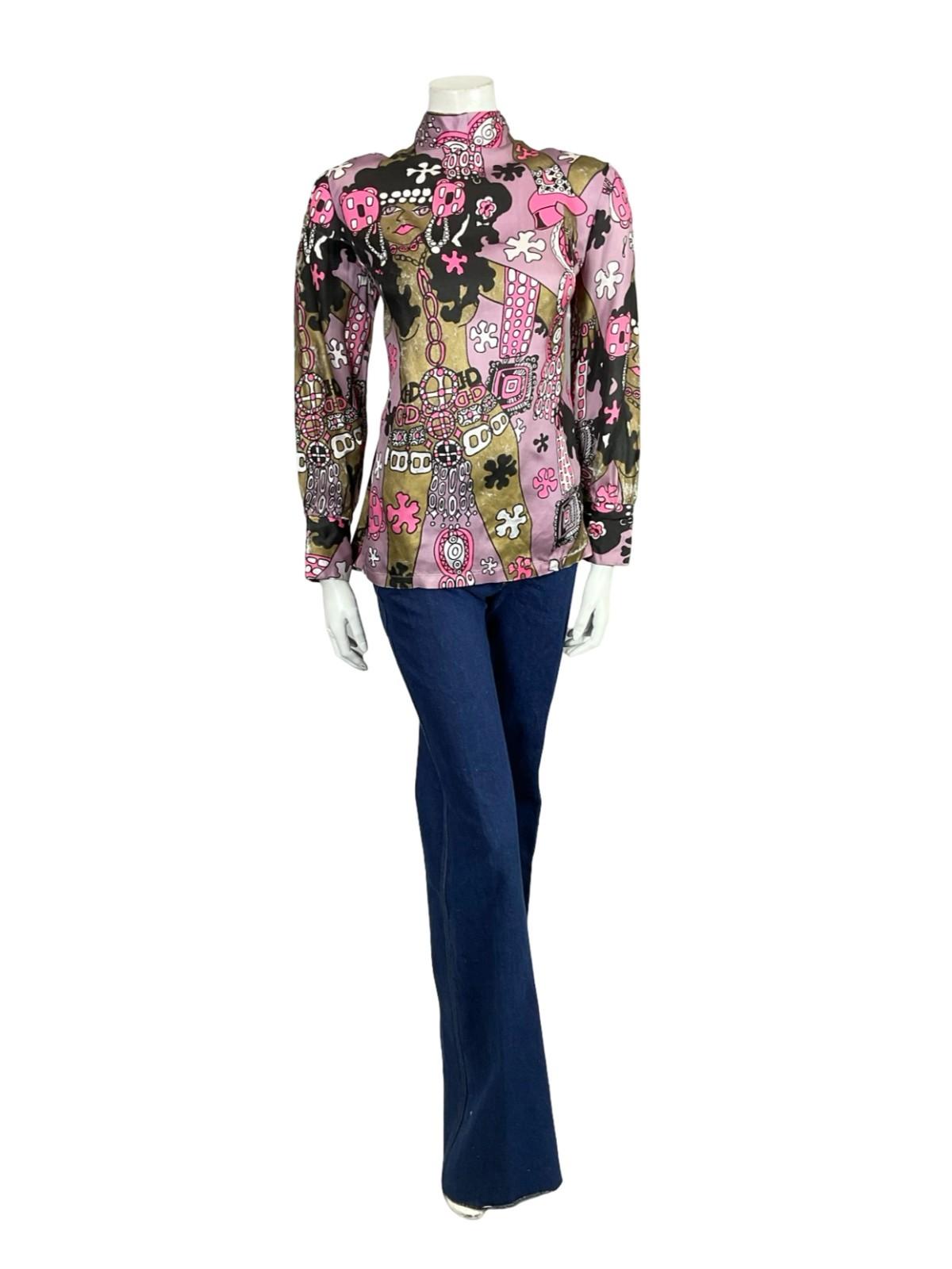 VTG 70S LILAC BROWN PINK BLACK WHITE LADY FLOWER GRAPHIC FUNNEL SHIFT TOP 12