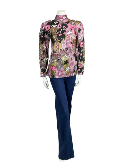 VTG 70S LILAC BROWN PINK BLACK WHITE LADY FLOWER GRAPHIC FUNNEL SHIFT TOP 12