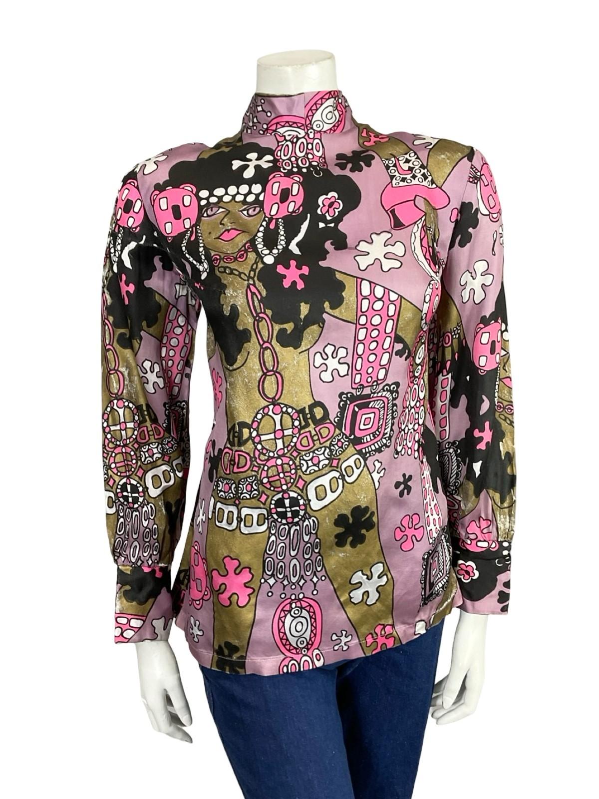 VTG 70S LILAC BROWN PINK BLACK WHITE LADY FLOWER GRAPHIC FUNNEL SHIFT TOP 12