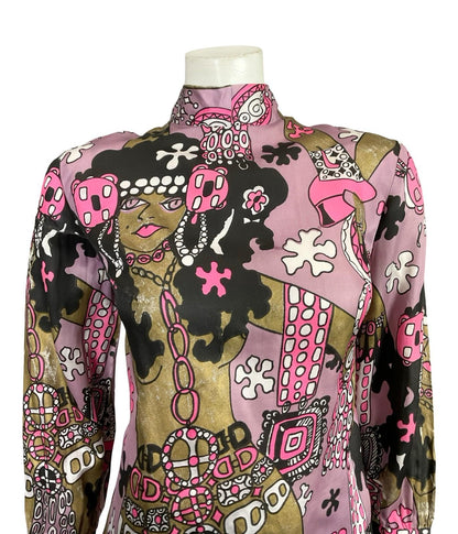 VTG 70S LILAC BROWN PINK BLACK WHITE LADY FLOWER GRAPHIC FUNNEL SHIFT TOP 12