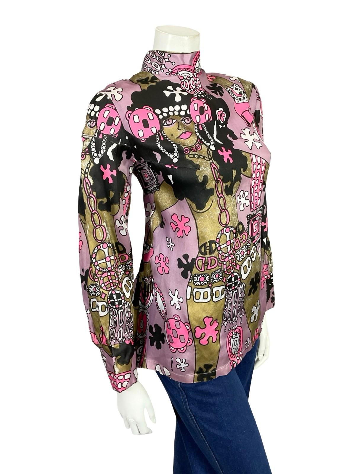 VTG 70S LILAC BROWN PINK BLACK WHITE LADY FLOWER GRAPHIC FUNNEL SHIFT TOP 12