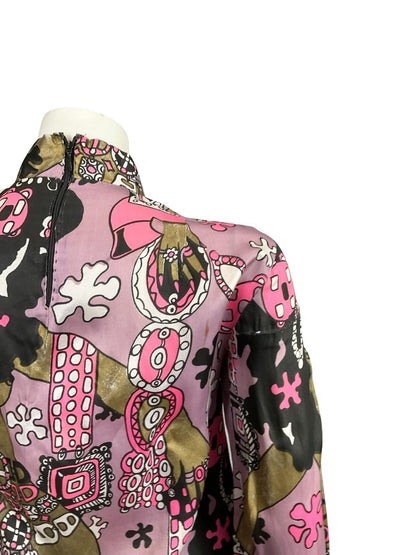 VTG 70S LILAC BROWN PINK BLACK WHITE LADY FLOWER GRAPHIC FUNNEL SHIFT TOP 12