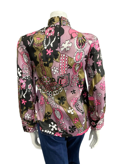 VTG 70S LILAC BROWN PINK BLACK WHITE LADY FLOWER GRAPHIC FUNNEL SHIFT TOP 12