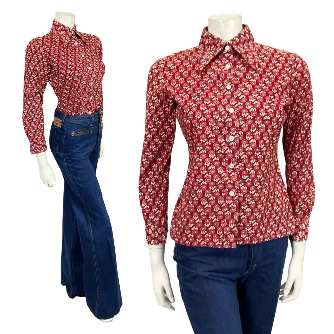 VTG 60S 70S BURGUNDY RED WHITE DAINTY FLORAL MOD DAGGER COLLAR SHIRT 8 10 S