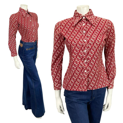 VTG 60S 70S BURGUNDY RED WHITE DAINTY FLORAL MOD DAGGER COLLAR SHIRT 8 10 S