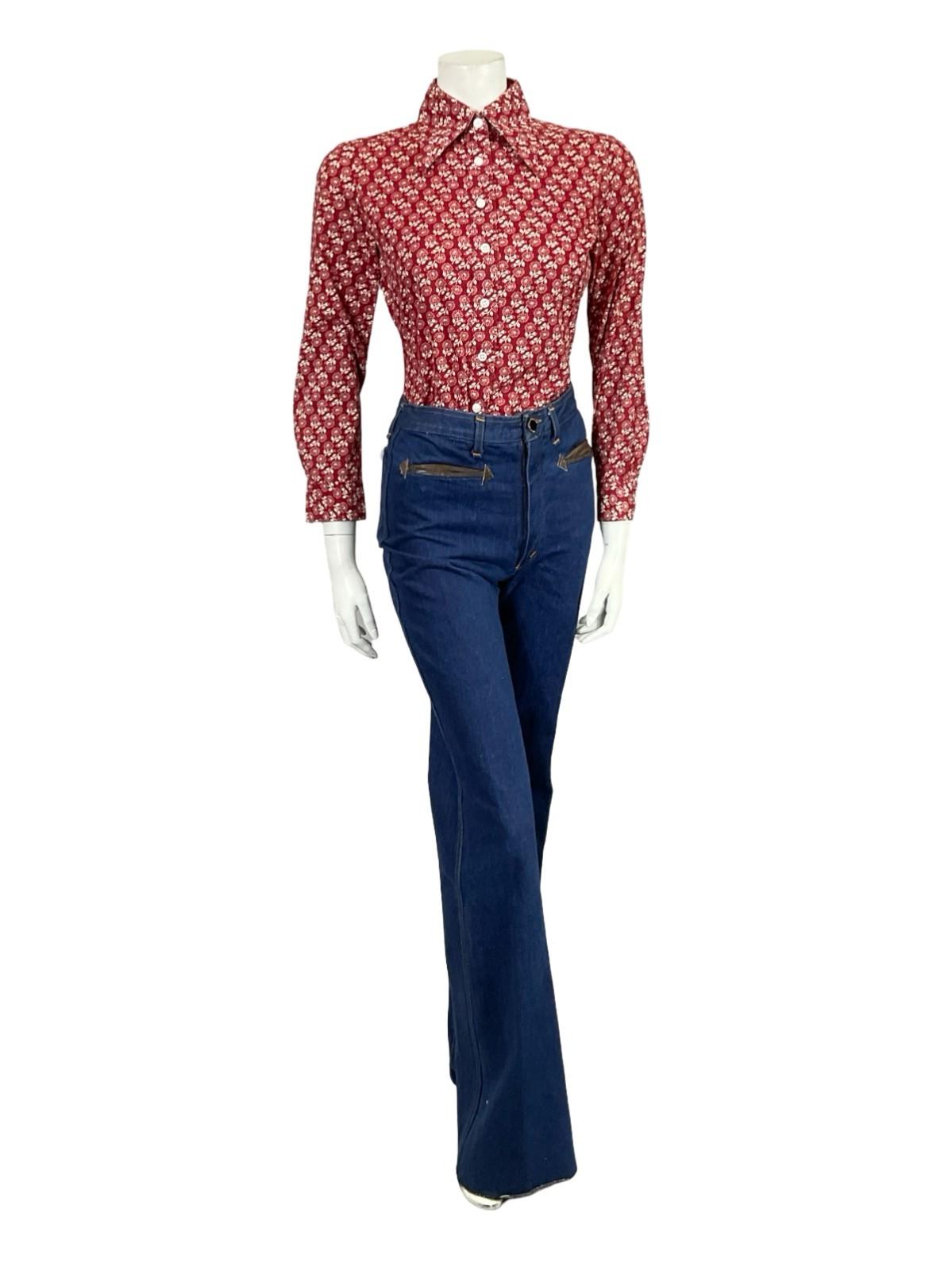 VTG 60S 70S BURGUNDY RED WHITE DAINTY FLORAL MOD DAGGER COLLAR SHIRT 8 10 S