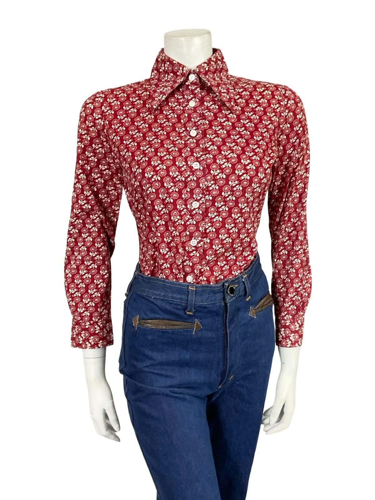 VTG 60S 70S BURGUNDY RED WHITE DAINTY FLORAL MOD DAGGER COLLAR SHIRT 8 10 S