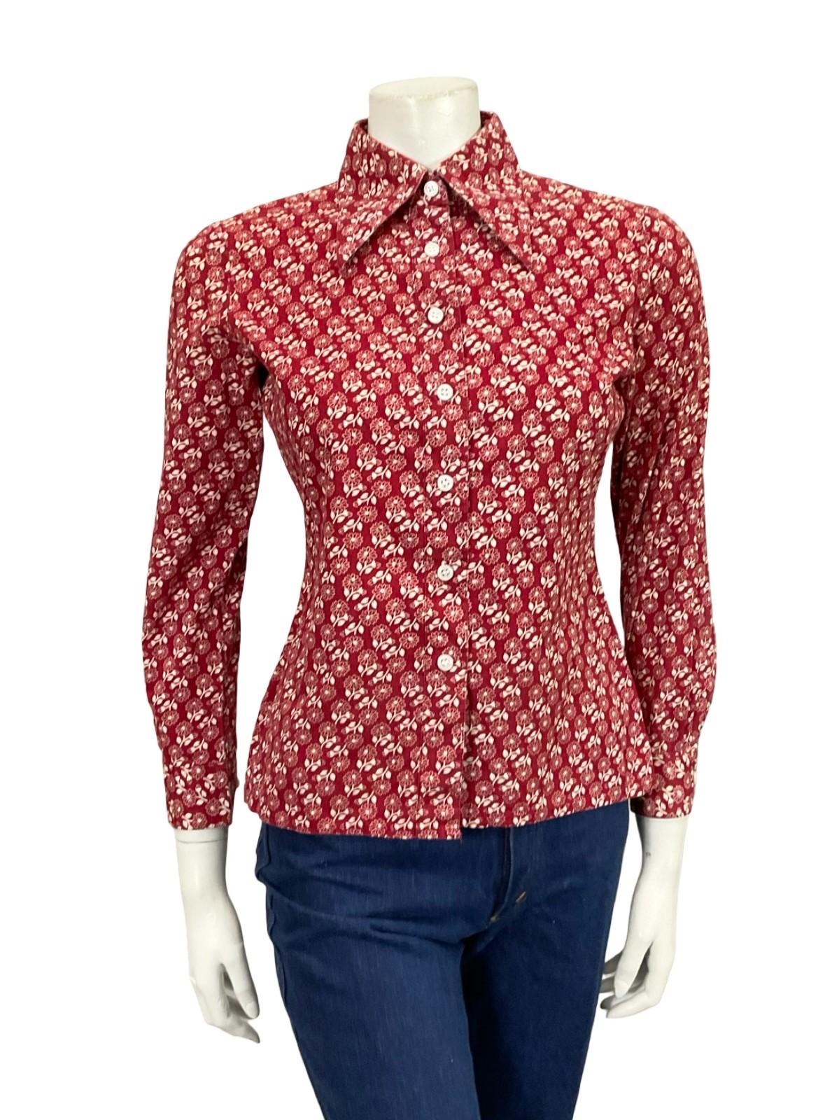 VTG 60S 70S BURGUNDY RED WHITE DAINTY FLORAL MOD DAGGER COLLAR SHIRT 8 10 S