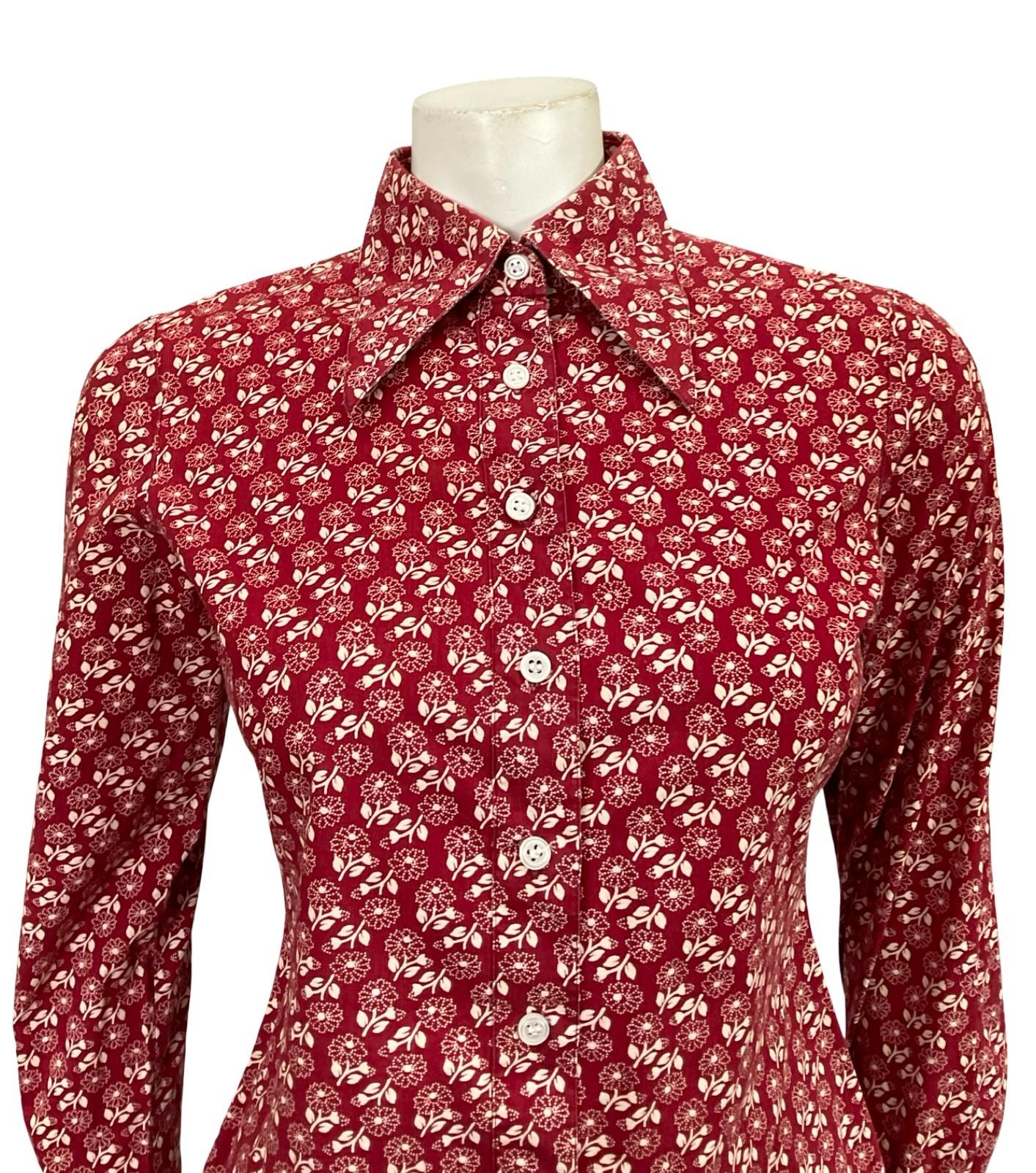 VTG 60S 70S BURGUNDY RED WHITE DAINTY FLORAL MOD DAGGER COLLAR SHIRT 8 10 S