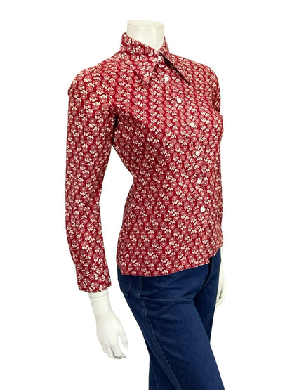 VTG 60S 70S BURGUNDY RED WHITE DAINTY FLORAL MOD DAGGER COLLAR SHIRT 8 10 S