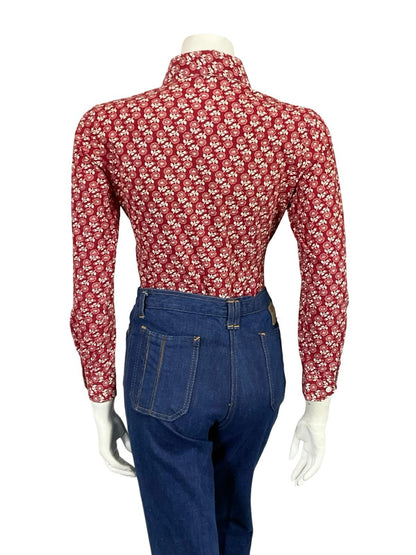 VTG 60S 70S BURGUNDY RED WHITE DAINTY FLORAL MOD DAGGER COLLAR SHIRT 8 10 S