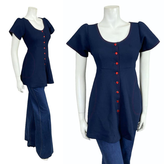 VTG 60S 70S MOD GOGO NAVY BLUE RED STITCH EMPIRE TUNIC MICRO MINI DRESS 8