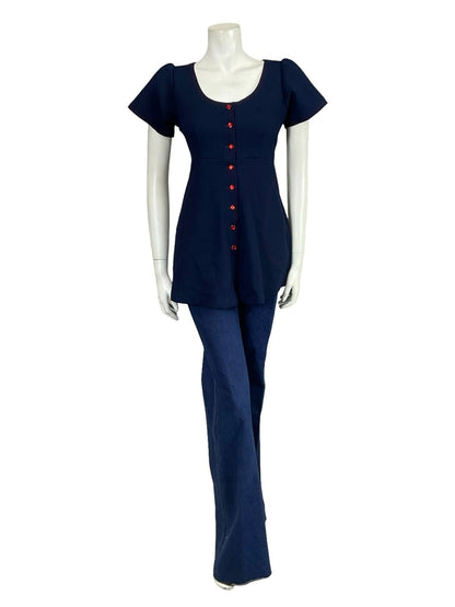 VTG 60S 70S MOD GOGO NAVY BLUE RED STITCH EMPIRE TUNIC MICRO MINI DRESS 8