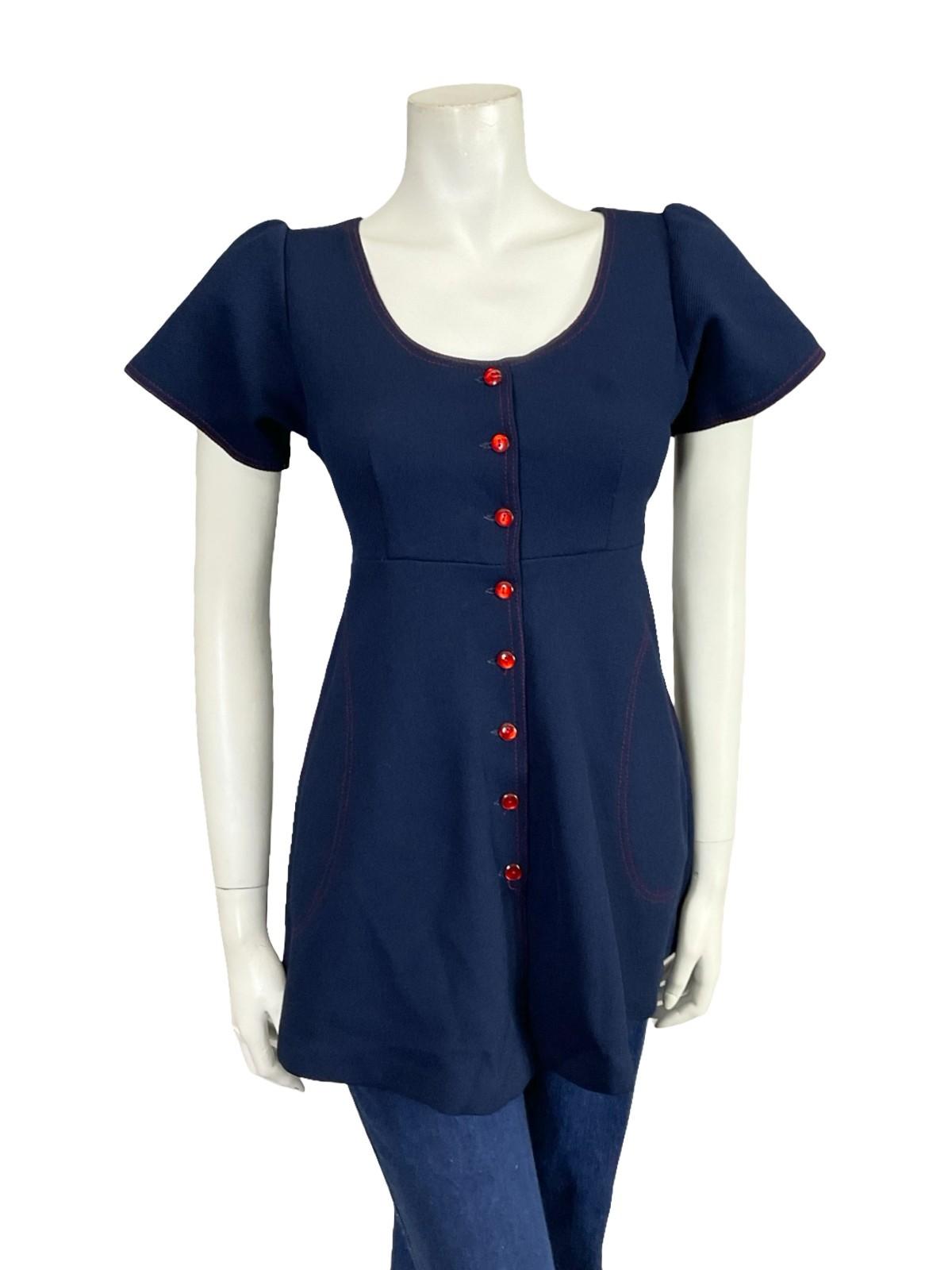 VTG 60S 70S MOD GOGO NAVY BLUE RED STITCH EMPIRE TUNIC MICRO MINI DRESS 8