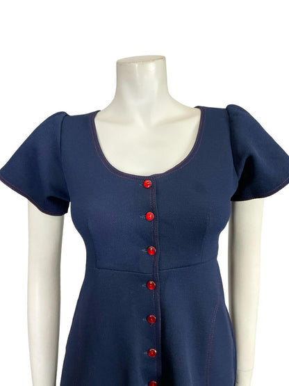 VTG 60S 70S MOD GOGO NAVY BLUE RED STITCH EMPIRE TUNIC MICRO MINI DRESS 8