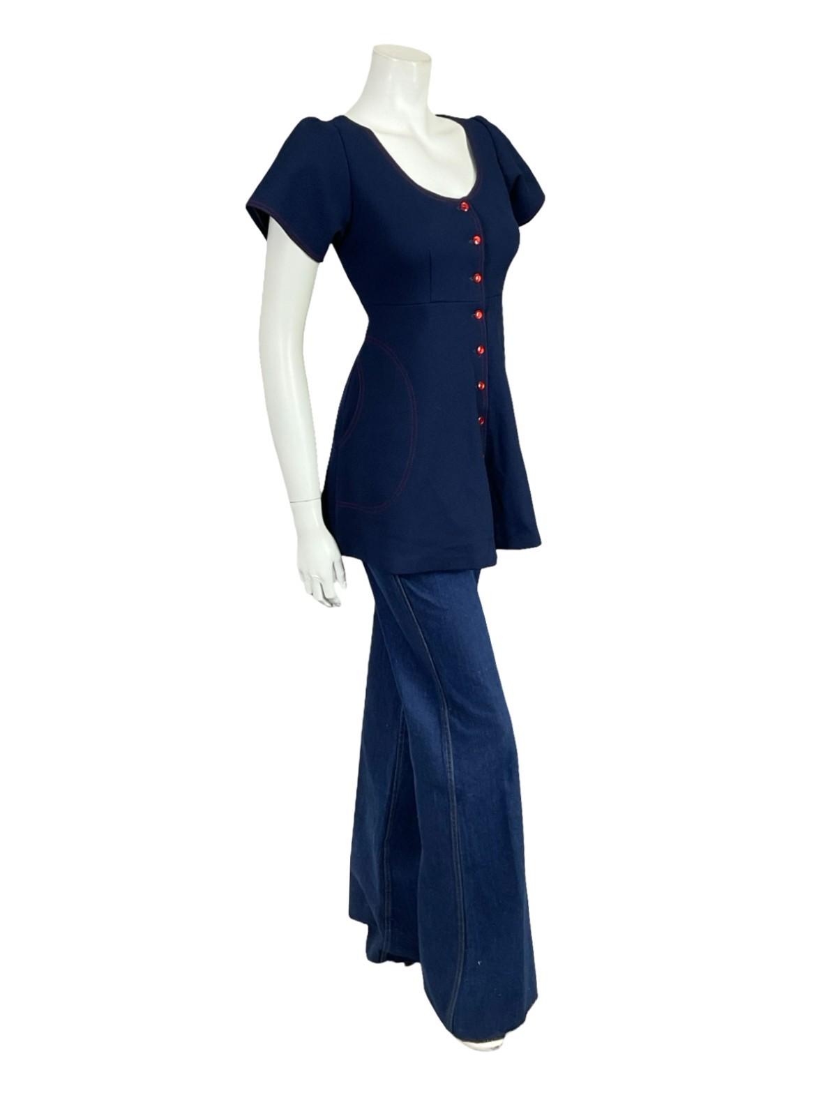 VTG 60S 70S MOD GOGO NAVY BLUE RED STITCH EMPIRE TUNIC MICRO MINI DRESS 8