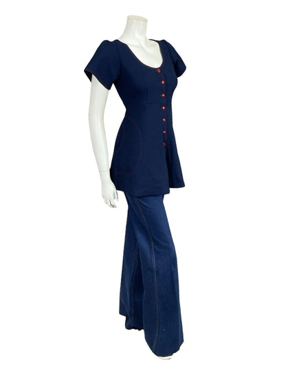 VTG 60S 70S MOD GOGO NAVY BLUE RED STITCH EMPIRE TUNIC MICRO MINI DRESS 8