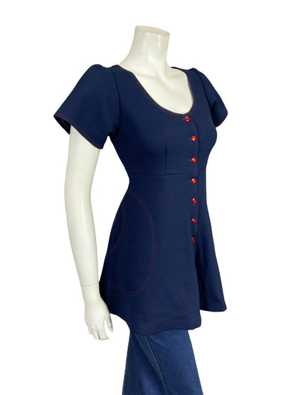 VTG 60S 70S MOD GOGO NAVY BLUE RED STITCH EMPIRE TUNIC MICRO MINI DRESS 8