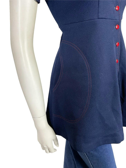 VTG 60S 70S MOD GOGO NAVY BLUE RED STITCH EMPIRE TUNIC MICRO MINI DRESS 8