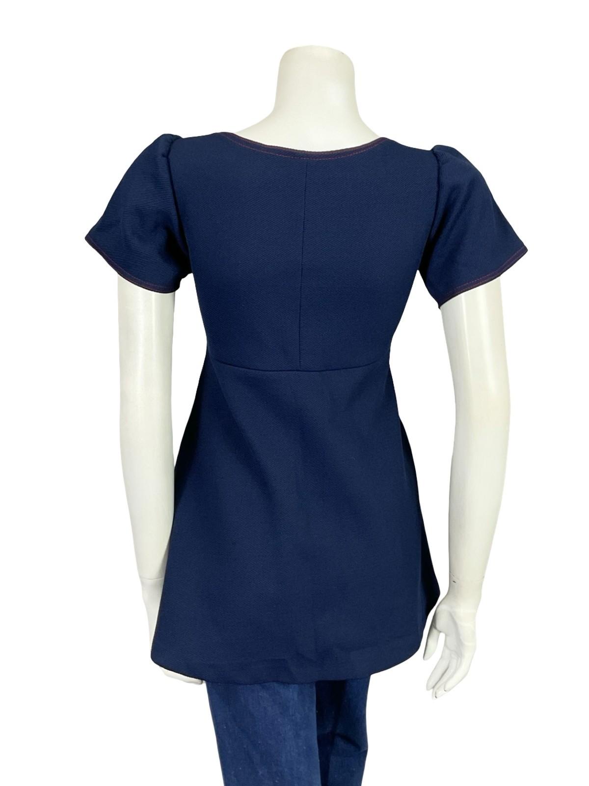 VTG 60S 70S MOD GOGO NAVY BLUE RED STITCH EMPIRE TUNIC MICRO MINI DRESS 8