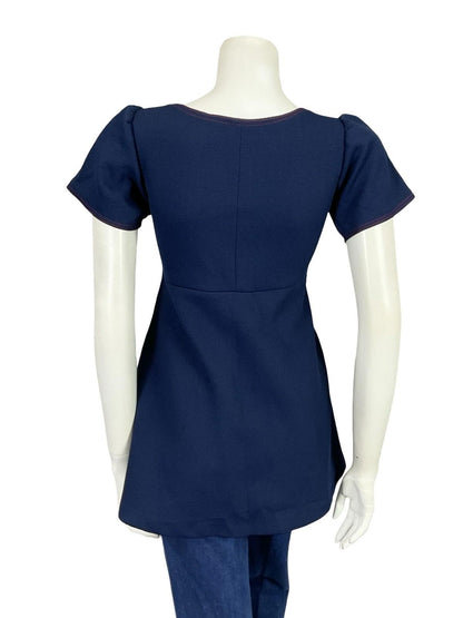 VTG 60S 70S MOD GOGO NAVY BLUE RED STITCH EMPIRE TUNIC MICRO MINI DRESS 8