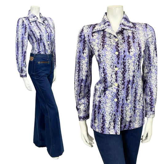 VTG 60S 70S PURPLE WHITE GREY FLORAL STRIPE TULIP DAFFODIL MOD SHIRT 10 12