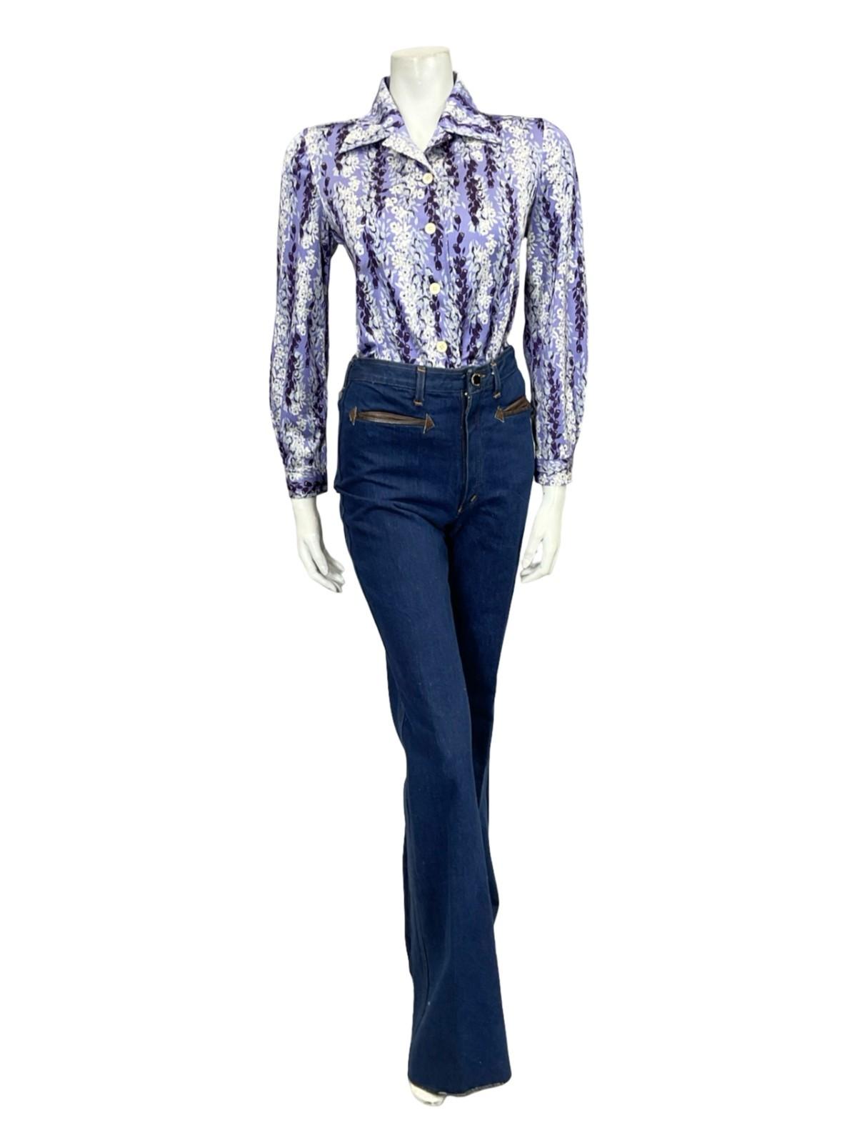 VTG 60S 70S PURPLE WHITE GREY FLORAL STRIPE TULIP DAFFODIL MOD SHIRT 10 12