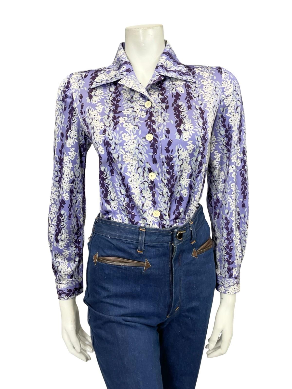 VTG 60S 70S PURPLE WHITE GREY FLORAL STRIPE TULIP DAFFODIL MOD SHIRT 10 12