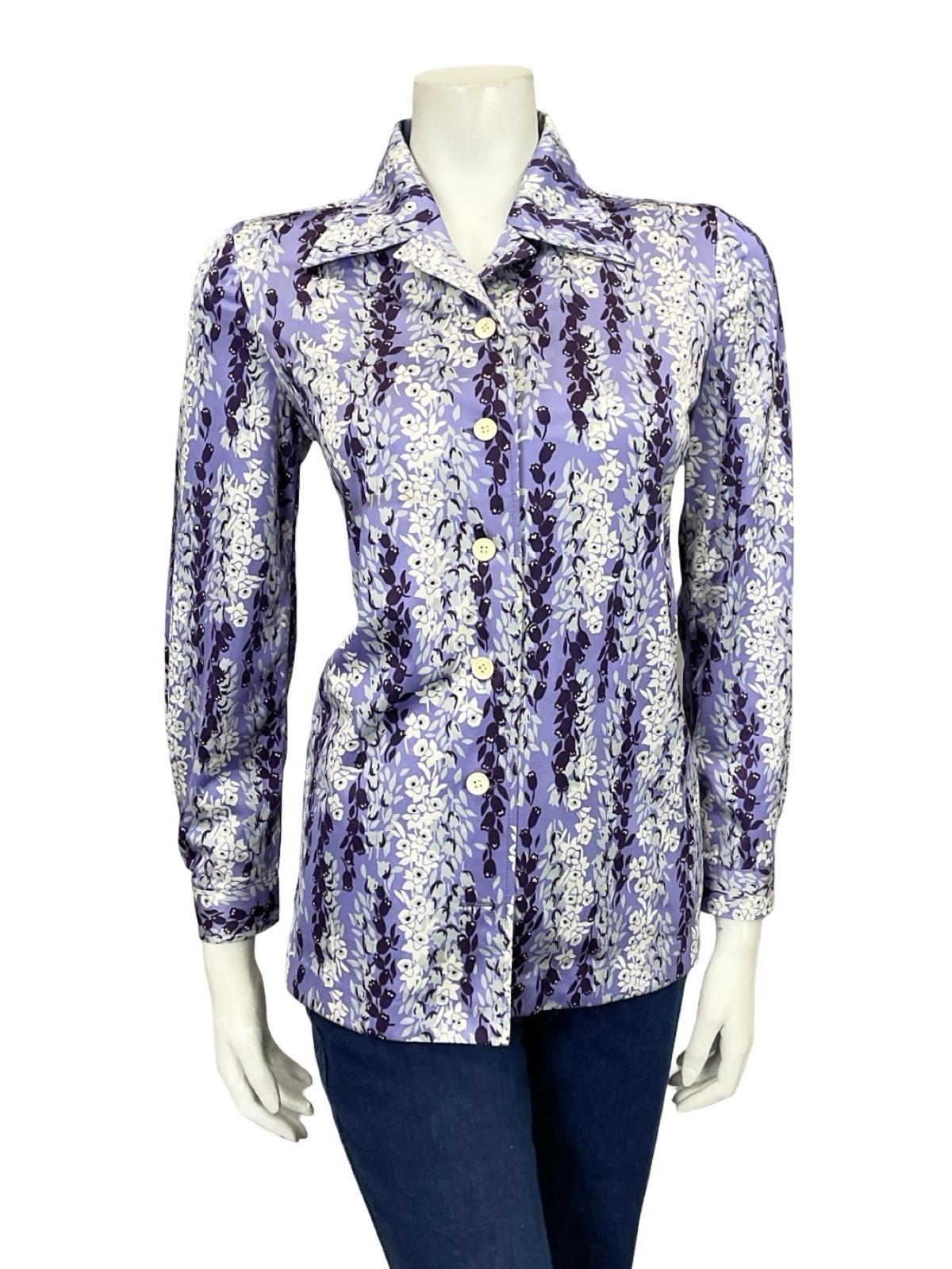 VTG 60S 70S PURPLE WHITE GREY FLORAL STRIPE TULIP DAFFODIL MOD SHIRT 10 12