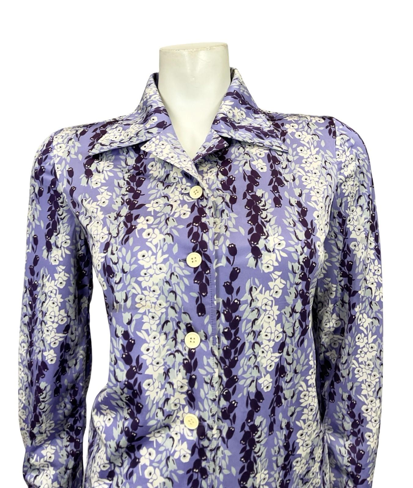 VTG 60S 70S PURPLE WHITE GREY FLORAL STRIPE TULIP DAFFODIL MOD SHIRT 10 12