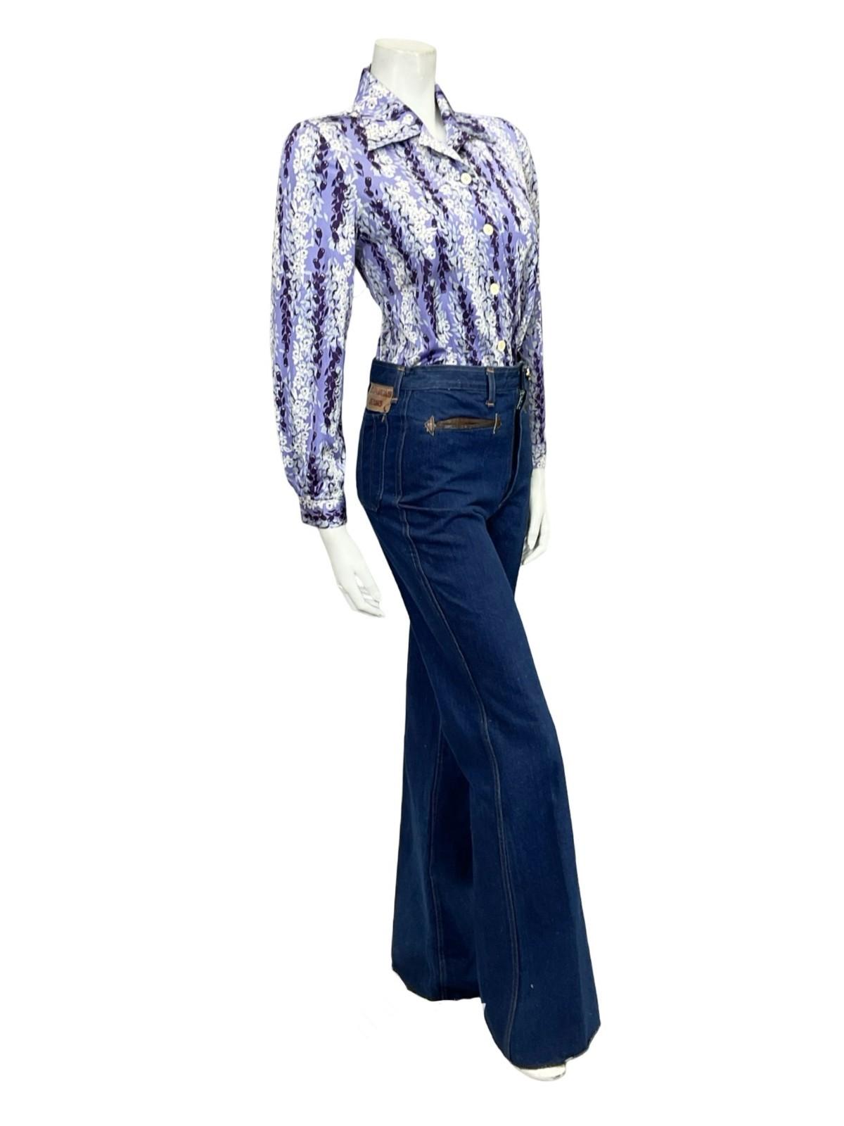 VTG 60S 70S PURPLE WHITE GREY FLORAL STRIPE TULIP DAFFODIL MOD SHIRT 10 12