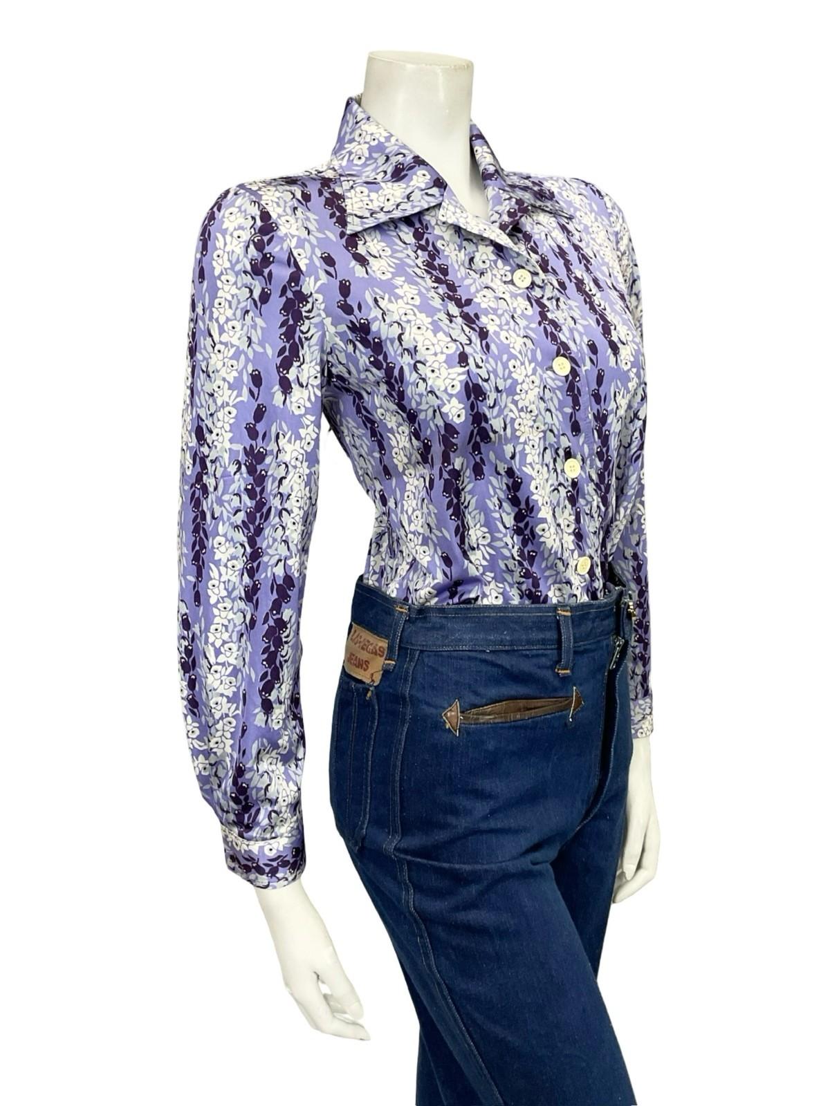 VTG 60S 70S PURPLE WHITE GREY FLORAL STRIPE TULIP DAFFODIL MOD SHIRT 10 12